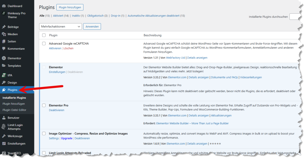 wordpress liste der plugins
