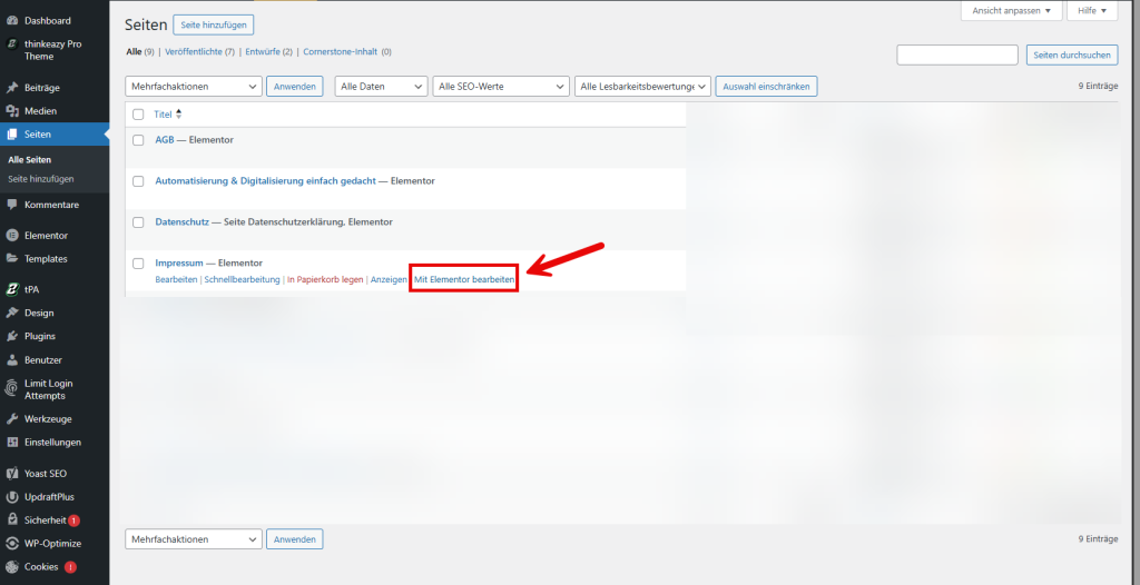 WordPress Seite mit Elementor Bearbeiten