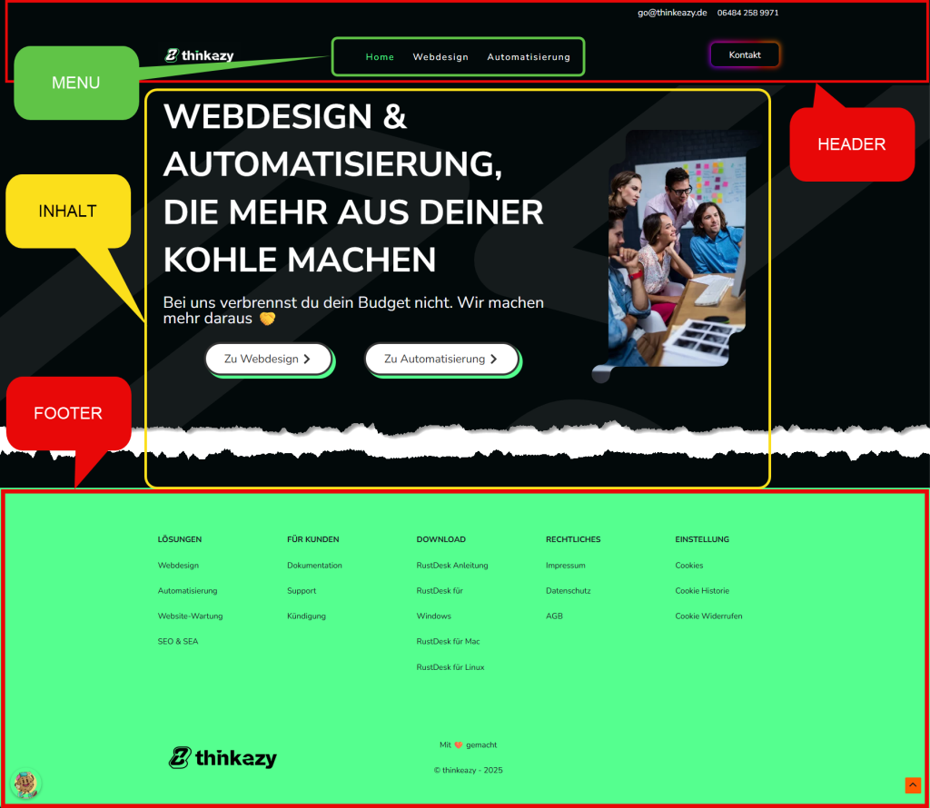 thinkeazy Beispiel fuer Header Menu Inhalt und Footer